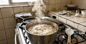 O arroz soltinho não é feito com panela tampada; são necessários 2 xícaras de água fervente com 1 fio de azeite e tampa entreaberta