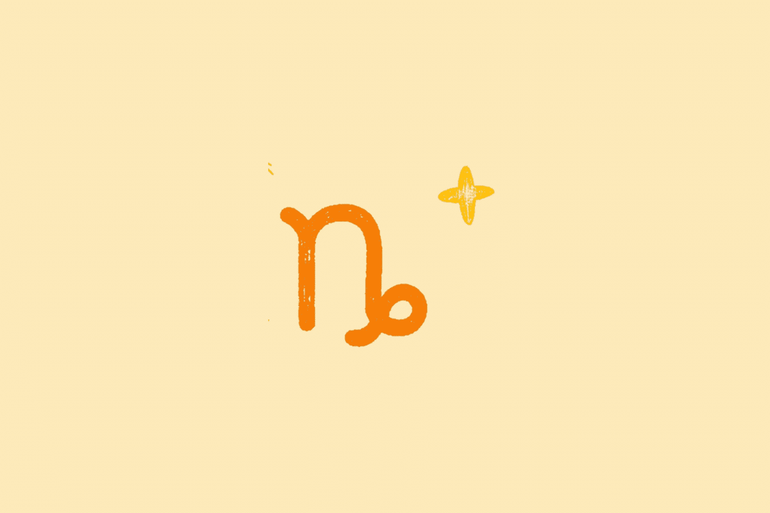Ilustração do símbolo do signo de Capricórnio, desenhado em laranja sobre fundo bege-claro, acompanhado por uma pequena estrela amarela.