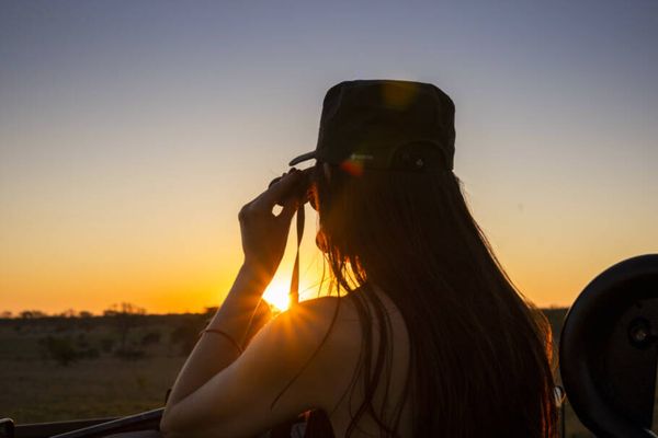 Pôr do sol na reserva Sabi Sand, na África do Sul