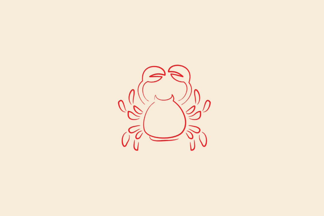 Ilustração minimalista de um caranguejo de frente, com patas abertas, em vermelho, representando o signo de Câncer sobre fundo bege.