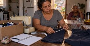 Costureira perdeu o emprego aos 52 anos e começou a consertar uniformes na mesa da cozinha até montar uma pequena oficina no bairro