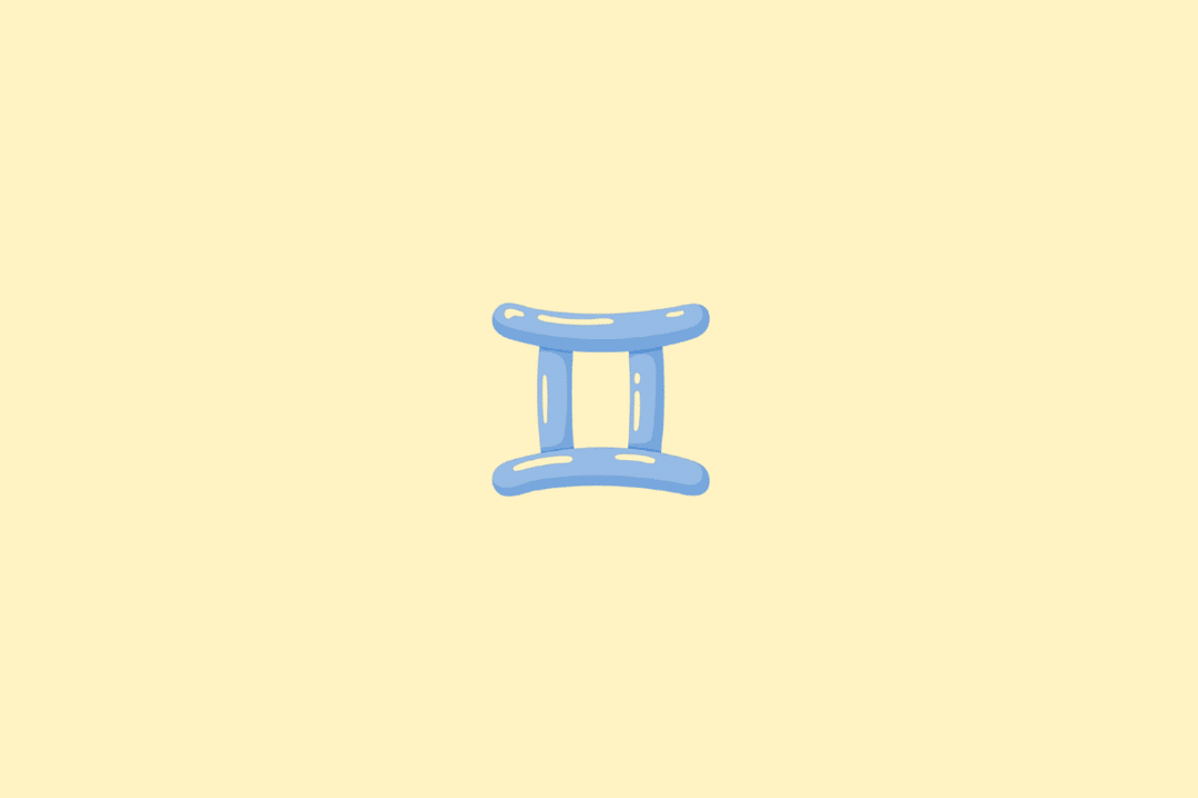 Ilustração do símbolo do signo de Gêmeos, formado por duas linhas verticais unidas por traços horizontais na parte superior e inferior, em tom azul-claro, sobre um fundo amarelo-claro.