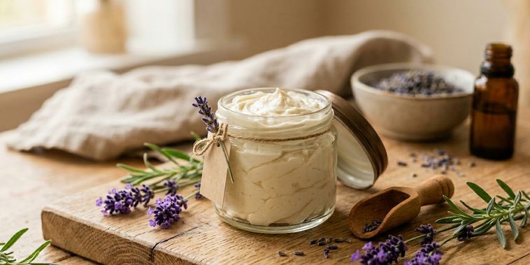 Featured main: Hidratante caseiro de manteiga de karité e lavanda: receita fácil e reparadora para pele muito seca