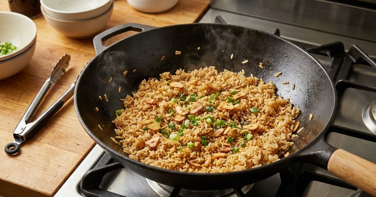 O melhor arroz frito não é feito com mais óleo, mas com 3 dentes de alho, cebolinha e molho shoyu