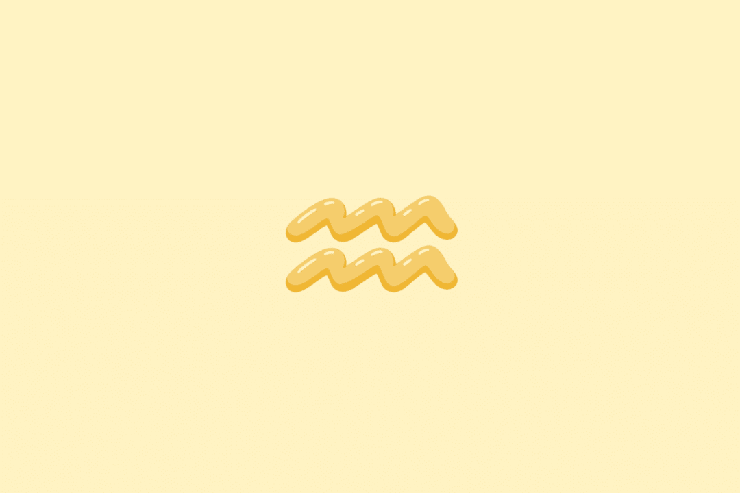Ilustração do símbolo do signo de Aquário, formado por duas linhas onduladas paralelas em tom amarelo-dourado, sobre um fundo liso em amarelo-claro.