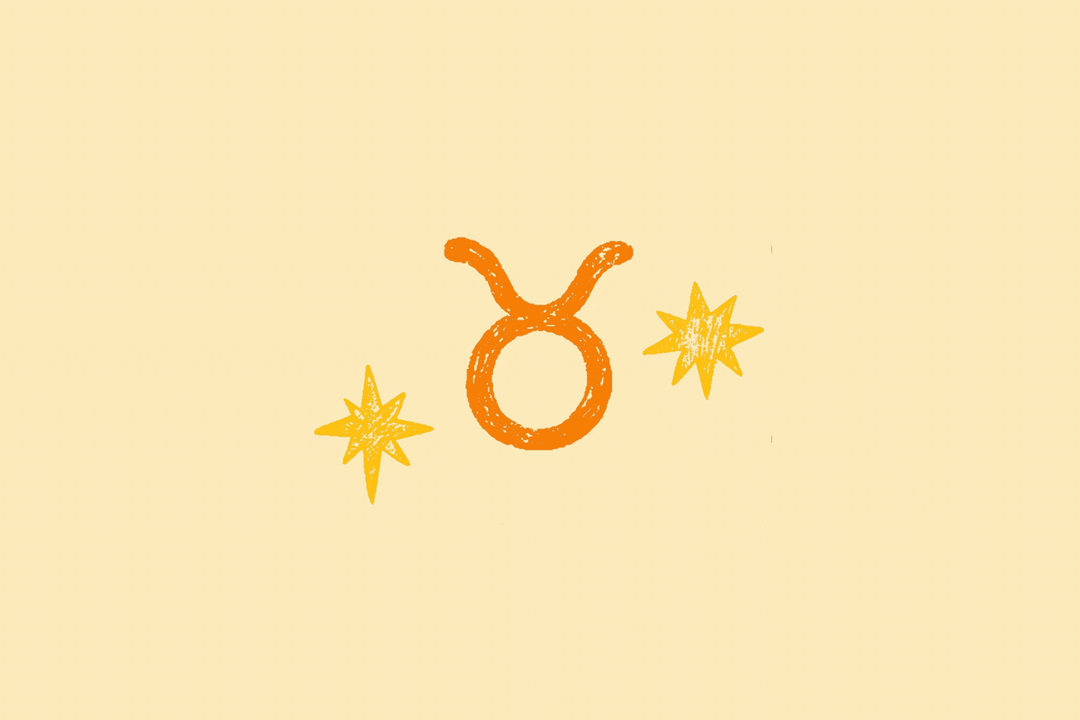 Ilustração do símbolo do signo de Touro, formado por um círculo com duas curvas superiores que lembram os chifres de um touro, em laranja, acompanhado por estrelas amarelas sobre fundo bege-claro.