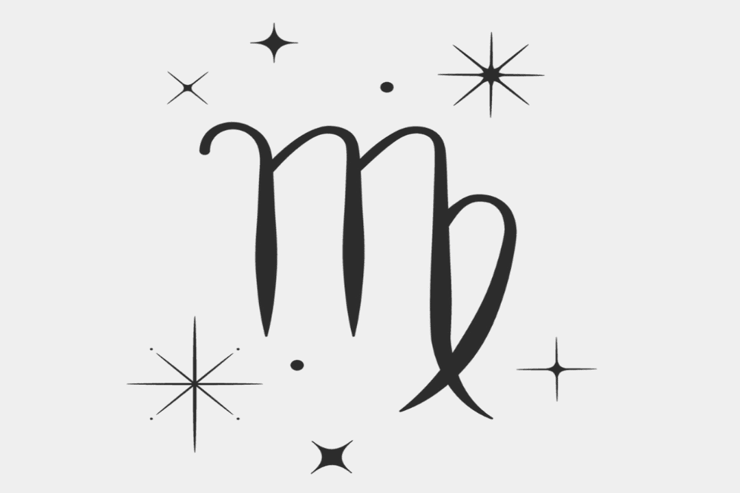 Imagem com fundo cinza-claro, apresentando o símbolo astrológico do signo de Virgem em preto, semelhante à letra “M”, com uma extensão curva que se fecha sobre si mesma. Ao redor, aparecem estrelas de quatro e oito pontas e pequenos pontos pretos.