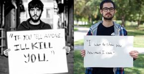 Fotografias reúnem homens vítimas de abuso sexual segurando as frases que ouviram de seus agressores