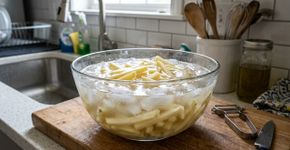 Coloque a batata cortada na água gelada por 30 minutos antes de fritar. Essa é a melhor maneira de prepará-la