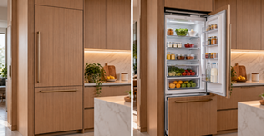 A cozinha sem geladeira aparente usa painéis e eletrodomésticos embutidos para fazer portas e armários parecerem uma única superfície