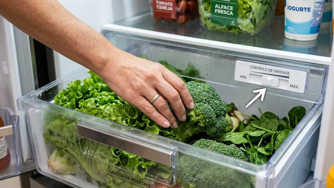 O controle adequado da ventilação interna garante maior durabilidade e crocância para verduras como alface e espinafre.