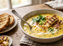 Featured side: Sopa cremosa de milho com queijo coalho grelhado