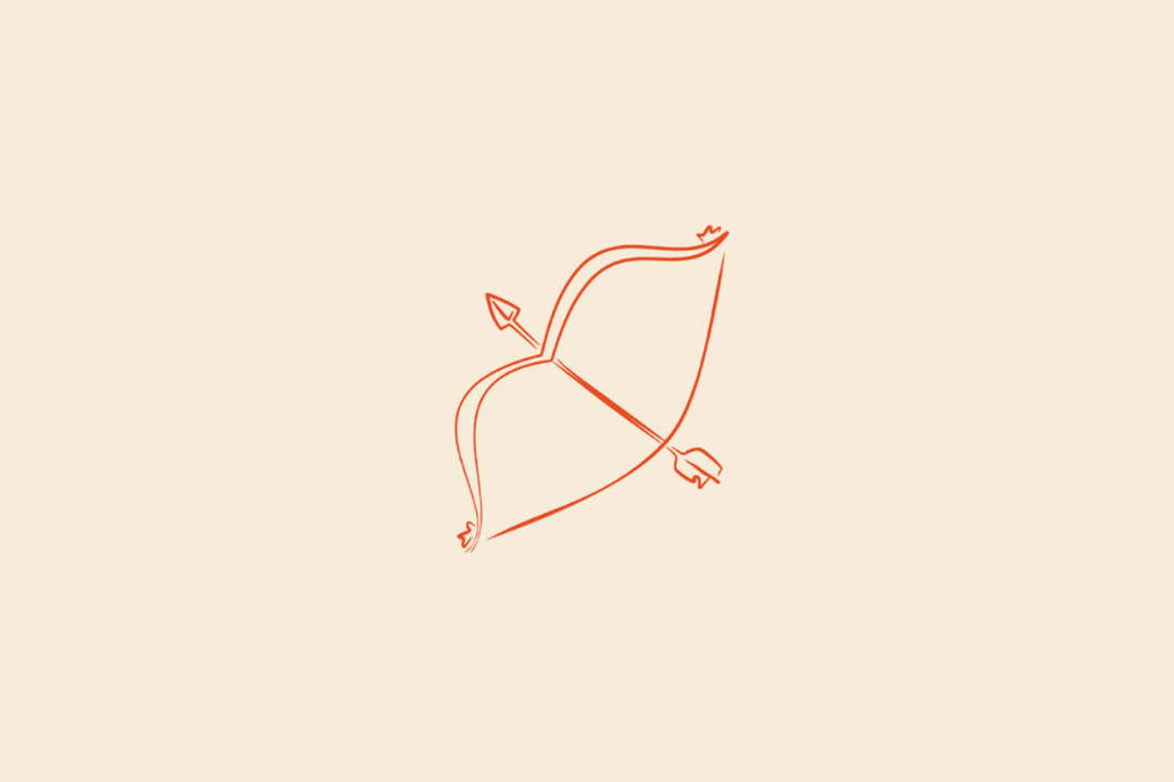 Ilustração minimalista de um arco com uma flecha posicionada na diagonal, em laranja-avermelhado, representando o signo de Sagitário sobre fundo bege.