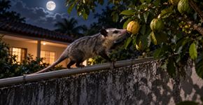 Morador percebe que as frutas maduras da árvore do quintal somem apenas do lado voltado para o muro, instala uma câmera baixa entre os vasos e descobre dois gambás caminhando pelo mesmo cano durante a madrugada