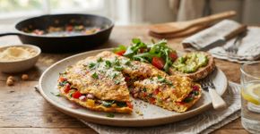 Sem ovo, este omelete fica pronto em 10 minutos com uma mistura simples de farinha de grão-de-bico, farinha de trigo e legumes