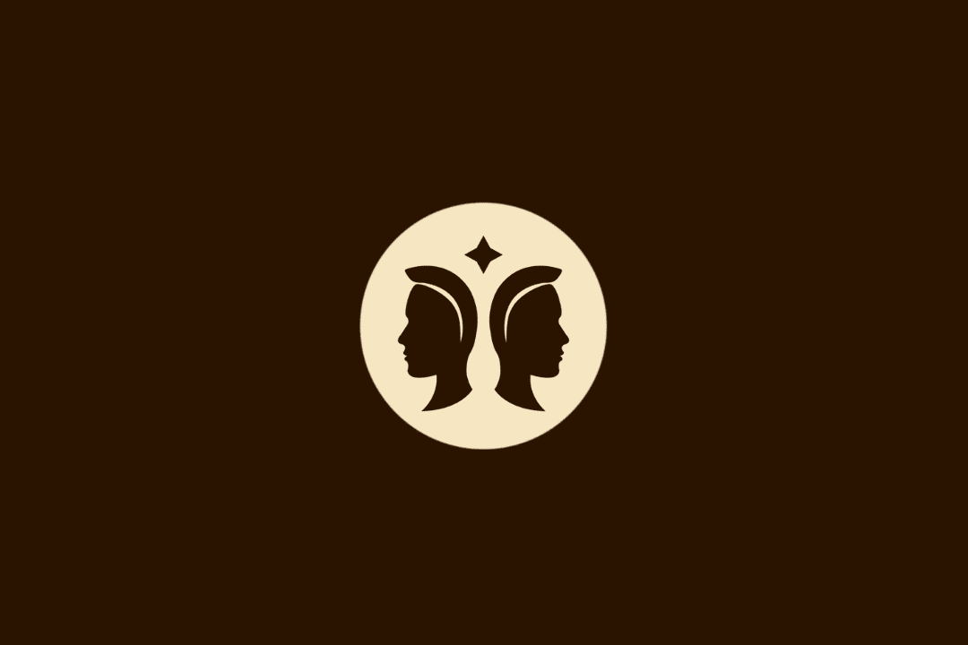 Ilustração vetorial do signo de Gêmeos, representada pelos perfis de duas faces espelhadas com uma estrela de quatro pontas entre elas, centralizada em um círculo bege sobre fundo marrom.