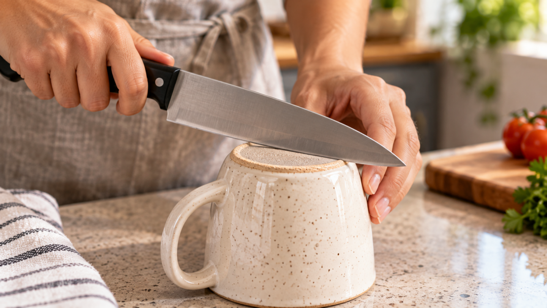 Quer afiar faca com caneca de cerâmica? Saiba por que a superfície sem esmalte é abrasiva e como usar o método improvisado com mais controle.