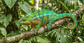 Nas selvas de madagascar os camaleões não mudam de cor para se esconder nos galhos mas sim para dar um recado para os rivais ou conquistar as fêmeas sem precisar brigar