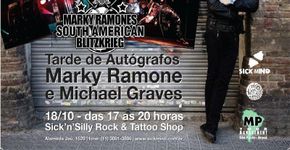 Marky Ramone e Michale Graves dão autógrafos em exposição de guitarras