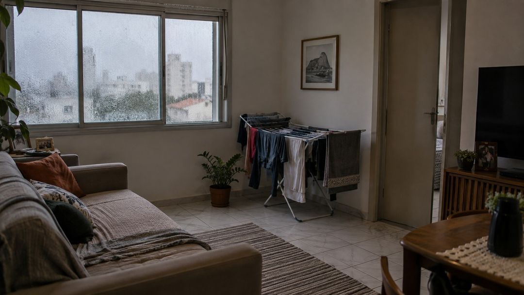 Condensação, roupas secando dentro e móveis encostados favoreciam o problema.