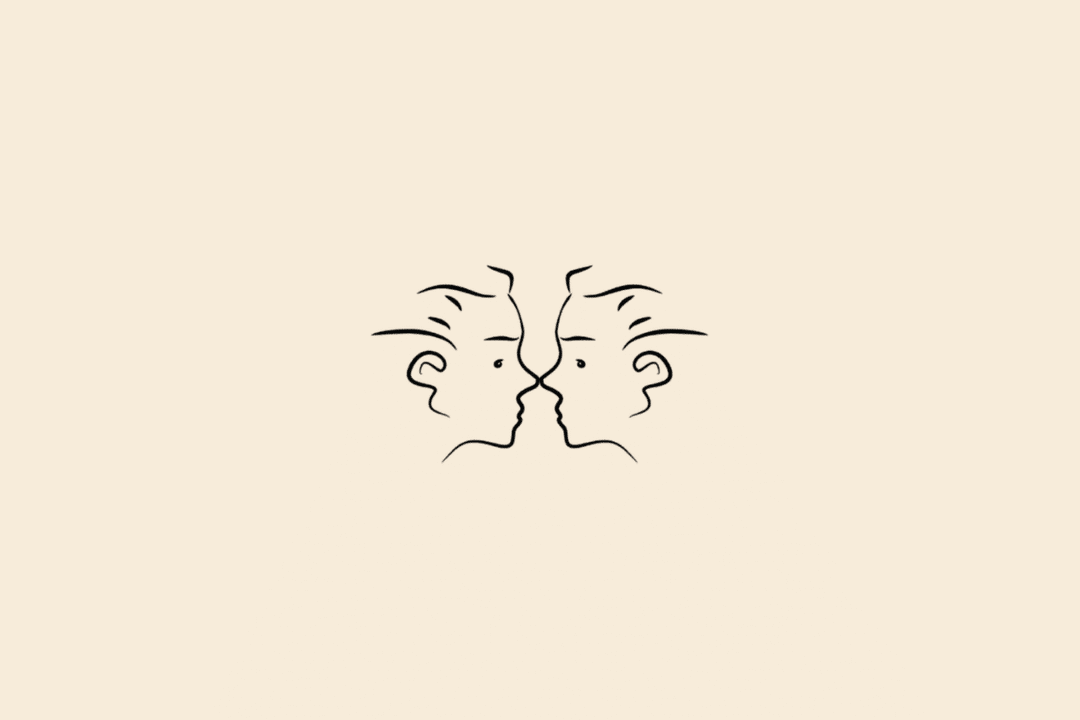 Ilustração minimalista de dois rostos humanos de perfil, posicionados frente a frente, em preto, representando o signo de Gêmeos sobre fundo bege.