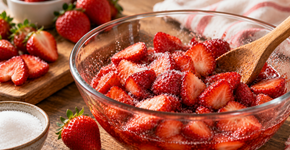 Morangos cortados com açúcar começam a soltar líquido sem ir ao fogo: o processo cria uma calda usando a própria água da fruta