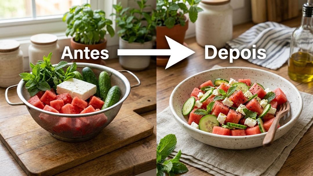 Respeite o tempo de descanso no escorredor para combinar a melancia com queijo feta, pepino e hortelã de forma perfeita.