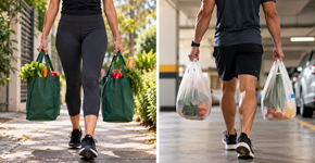 Carregar duas sacolas de peso parecido por alguns metros transforma uma tarefa comum em exercício de pegada, tronco e pernas, desde que a carga seja confortável