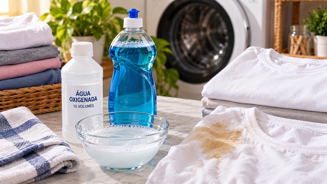 Antes de descartar uma roupa manchada, conheça os cuidados para usar água oxigenada e detergente em manchas específicas sem comprometer a peça.