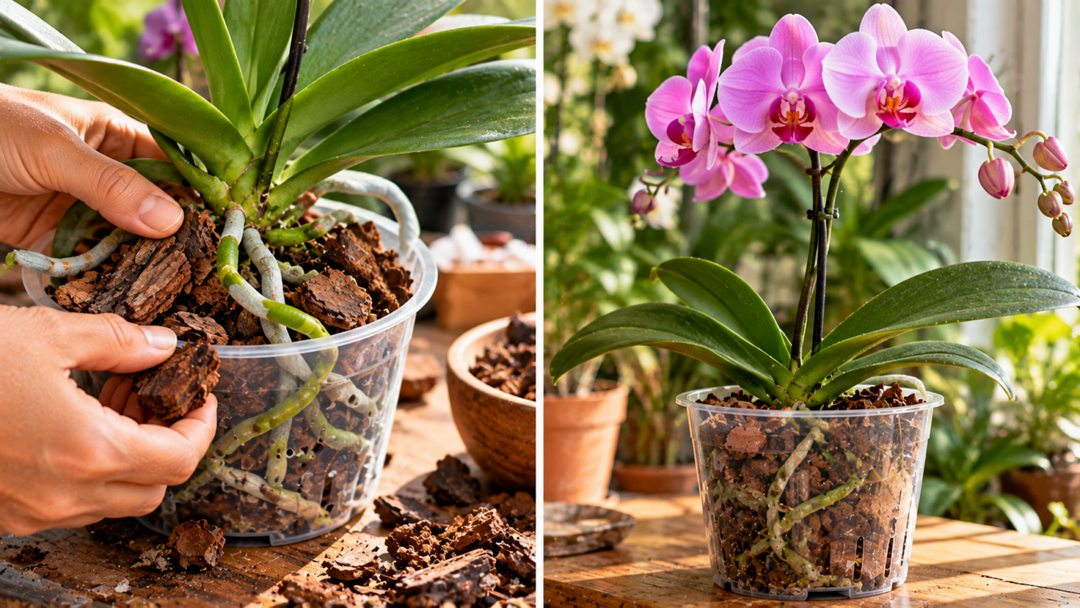 Orquídea com raízes úmidas demais ou secando rápido? Veja como a casca de pinus, a ventilação e o tamanho do substrato influenciam a rega.