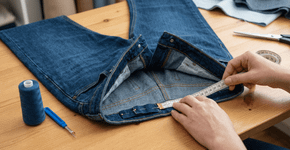 Ajuste de cintura na calça jeans sem sujeira e com resultado de loja de grife