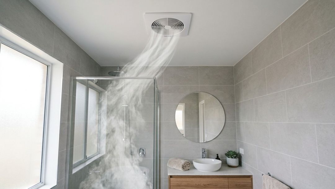 Manter a ventilação ativa por mais quinze minutos protege o banheiro contra a umidade excessiva.