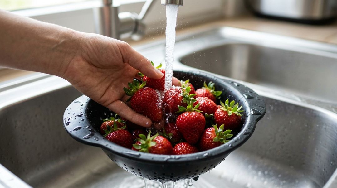 A orientacao oficial da FDA recomenda lavar os morangos exclusivamente com agua corrente potavel.