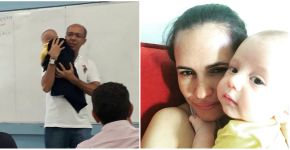 Professor dá aula ninando bebê para mãe não perder os conteúdos