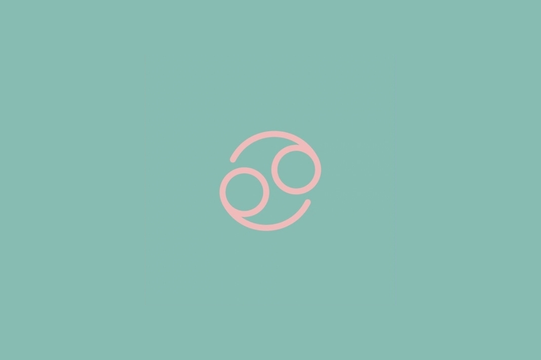 Símbolo do signo de Câncer em linhas rosa sobre um fundo verde-água.