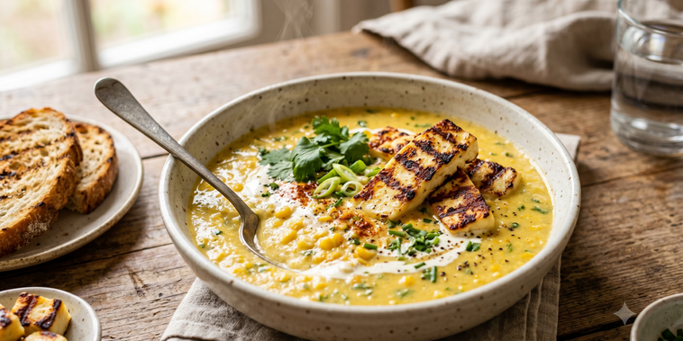 Featured main: Sopa cremosa de milho com queijo coalho grelhado