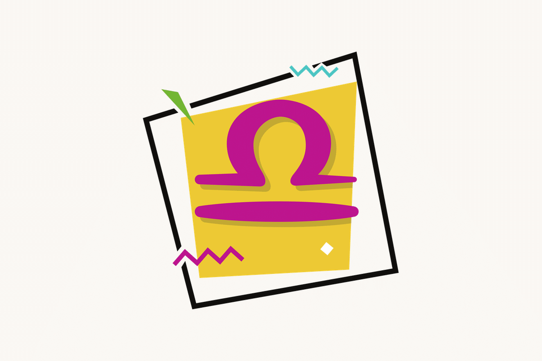 Ilustração do signo de Libra, contendo o símbolo de um arco em formato de ômega sobre uma linha horizontal, lembrando uma balança, em rosa-magenta, centralizado sobre um quadrado amarelo emoldurado em preto, com pequenos losangos e zigue-zagues coloridos ao redor, em fundo claro.