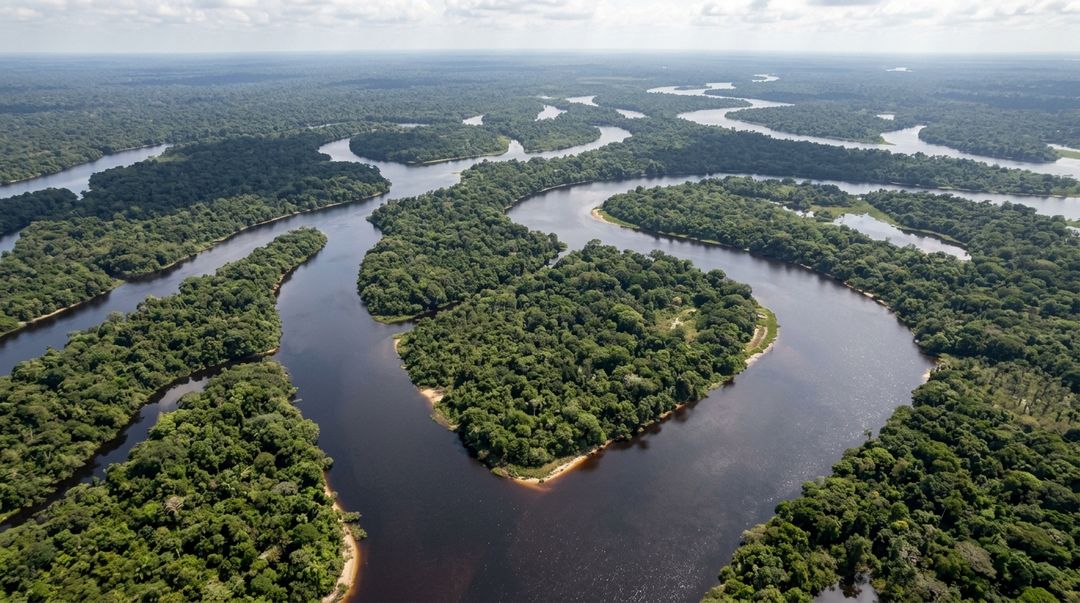 As águas escuras do Rio Negro moldam uma paisagem de rara beleza.