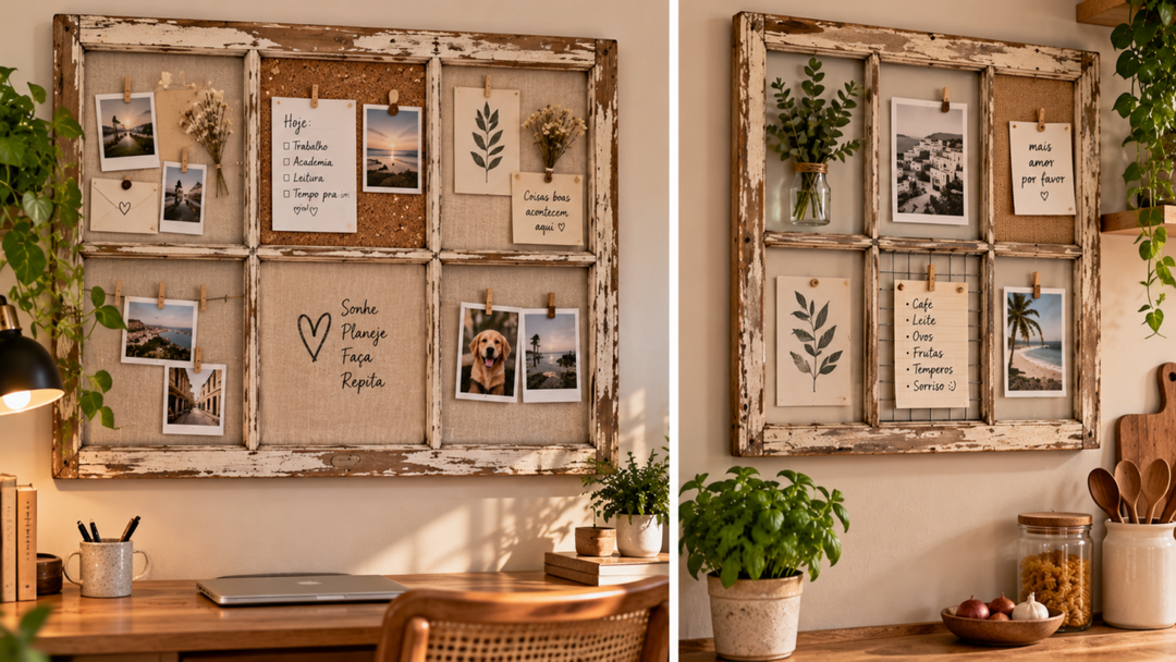 Moldura de janela sem uso? Reaproveite a estrutura para criar um quadro de avisos com fotos, recados e pequenos objetos, mantendo o visual vintage.