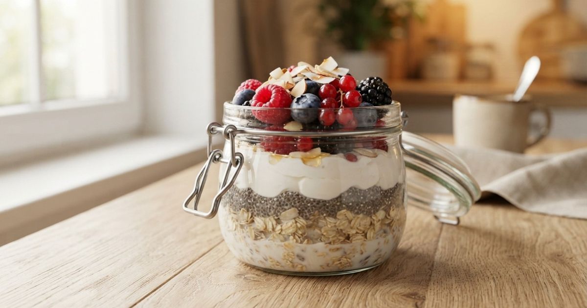 Aveia, iogurte grego e chia no mesmo pote: esse café da manhã fica pronto na geladeira durante a noite e reúne proteína, cálcio e fibras sem precisar ligar o fogão