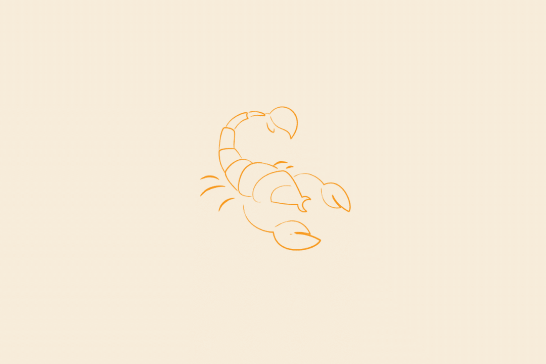 Ilustração minimalista de um escorpião com a cauda levantada e as pinças à frente, em laranja, representando o signo de Escorpião sobre fundo bege.