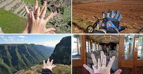 Casal viaja pelo mundo fotografando suas mãos em meio a paisagens
