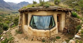 Artista de 38 anos construiu uma casa de terra na Argentina usando 12 para-brisas de carros doados e descobriu que seus 2 hexágonos formam um coração visto de cima