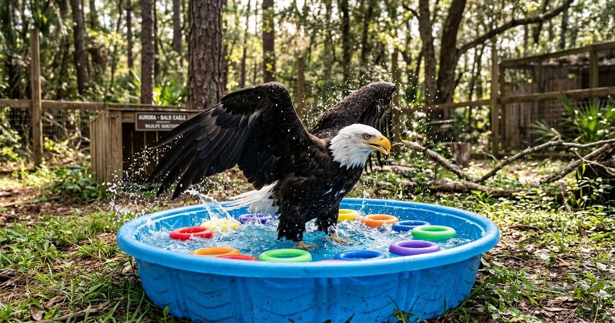 Uma águia careca de 12 anos chamada Aurora está se divertindo em uma piscina infantil cheia de brinquedos em um centro licenciado de reabilitação de animais silvestres em Connecticut, e o detalhe é que ela não pode voltar à natureza após ser atingida por um caminhão e passar por uma amputação parcial da asa em 2024