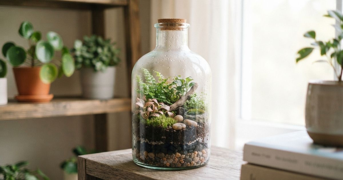 Uma garrafa de vidro pode virar um pequeno terrário para decorar a casa