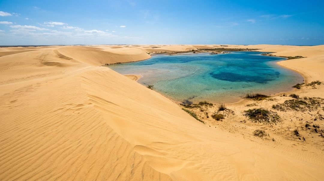 As dunas moveis e lagoas temporarias moldam a paisagem dinamica da regiao.