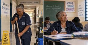 Aos 68 anos, mulher volta à escola onde trabalhou por duas décadas na limpeza, senta-se pela primeira vez em uma carteira e tenta concluir os estudos interrompidos na infância
