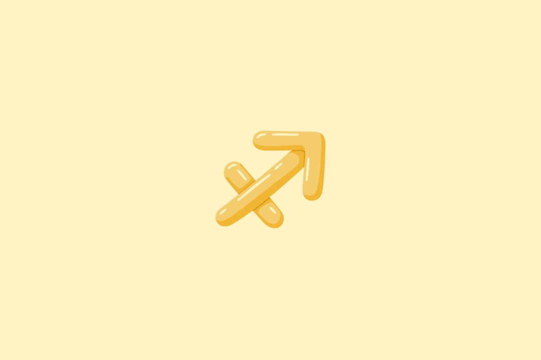 Ilustração do símbolo do signo de Sagitário, representado por uma seta inclinada apontando para cima e para a direita, em tom amarelo-dourado, sobre um fundo amarelo-claro.