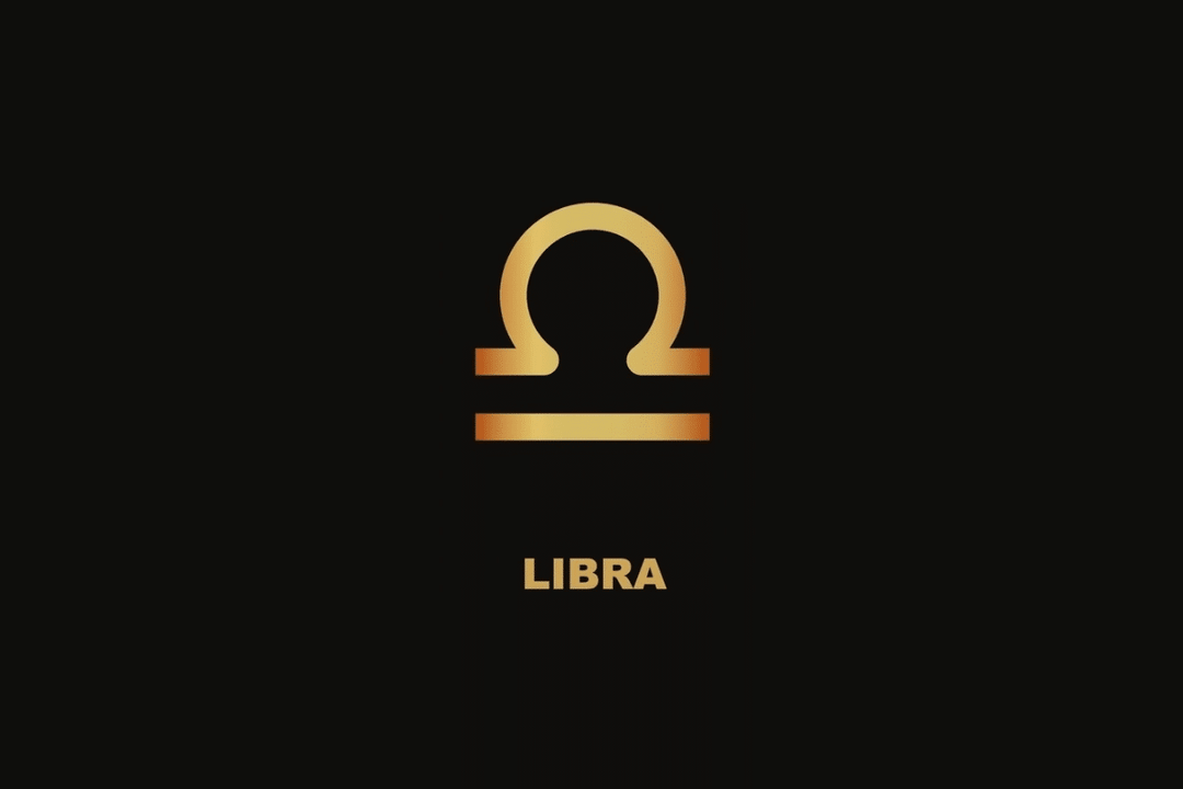 Símbolo dourado do signo de Libra sobre fundo preto, com o nome "LIBRA" escrito abaixo.