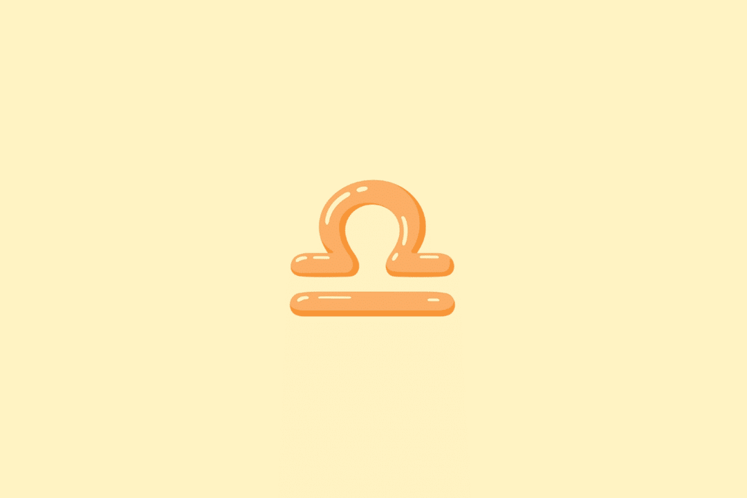 Ilustração do símbolo do signo de Libra, com um arco arredondado apoiado sobre uma linha horizontal, em tom laranja, sobre um fundo amarelo-claro.